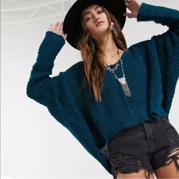 Free People Moonbeam V-Neck Oversized Alpaca Sweater Teal Blue Size XS - Picture 2 of 12
